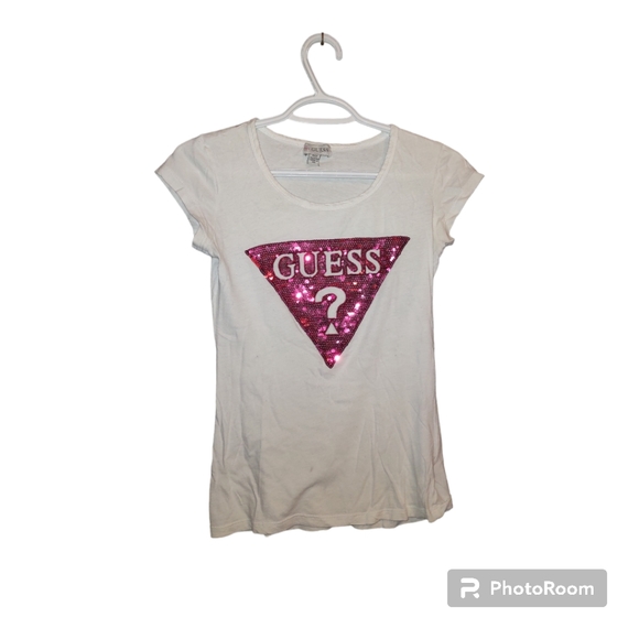 Guess shirt women's extra small 100% cotton white red triangle in sequins - Picture 1 of 3